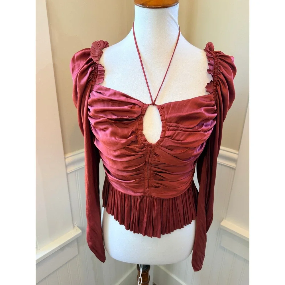 Ulla Johnson Mirelle Blouse Red Ruched Pleated Peplum Long Sleeve Top Size 6
